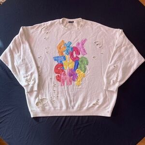 R13 Distressed "F**k This S**t" Cream Colored Balloons Sweatshirt L XL 26" p2p